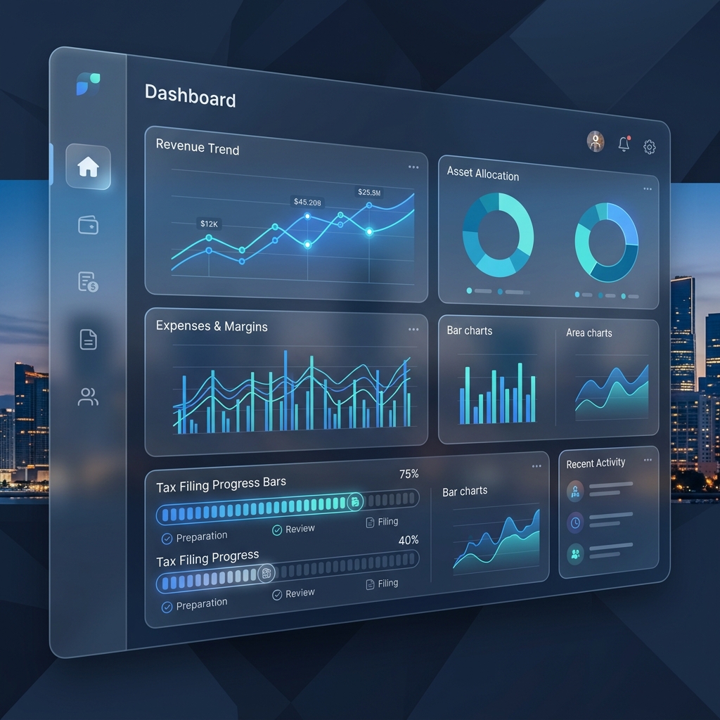 Plataforma Manserga ERP mostrando gráficos financieros y de impuestos